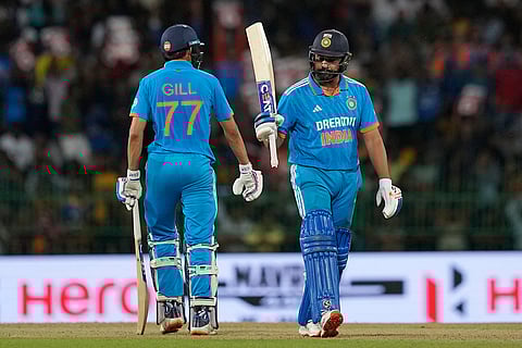 Rohit Sharma celebrates his fifty runs against Sri Lanka